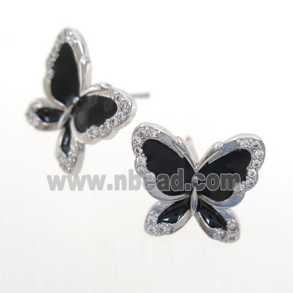 copper butterfly Earring studs paved zircon, enamel, platinum plated