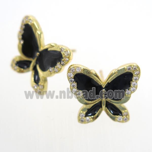 copper butterfly Earring studs paved zircon, enamel, gold plated
