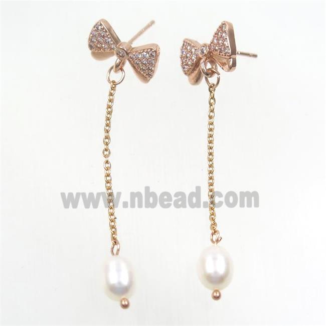 copper butterfly Earring paved zircon with white pearl, rose gold