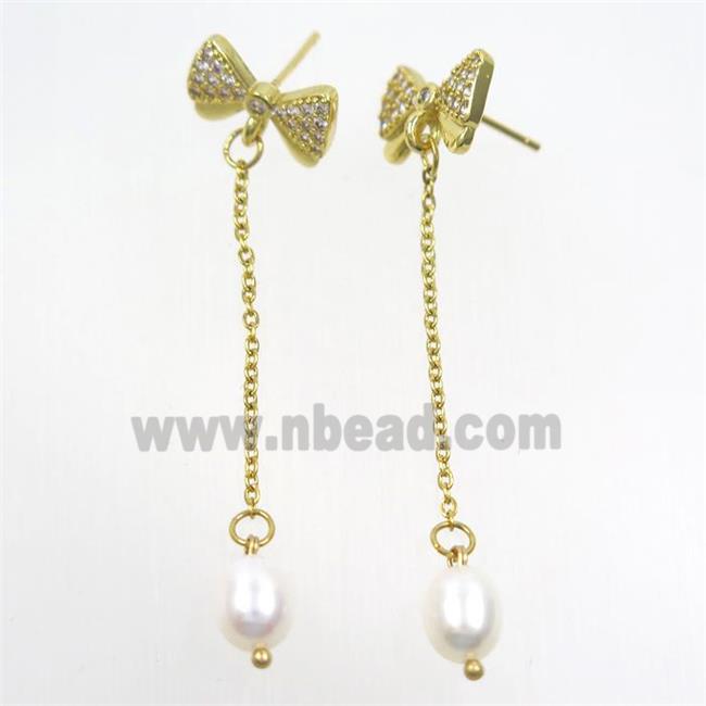 copper butterfly Earring paved zircon with white pearl, gold plated