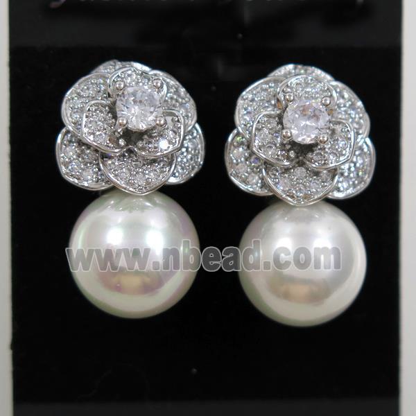 copper flower earring paved zircon with pearl shell, platinum plated