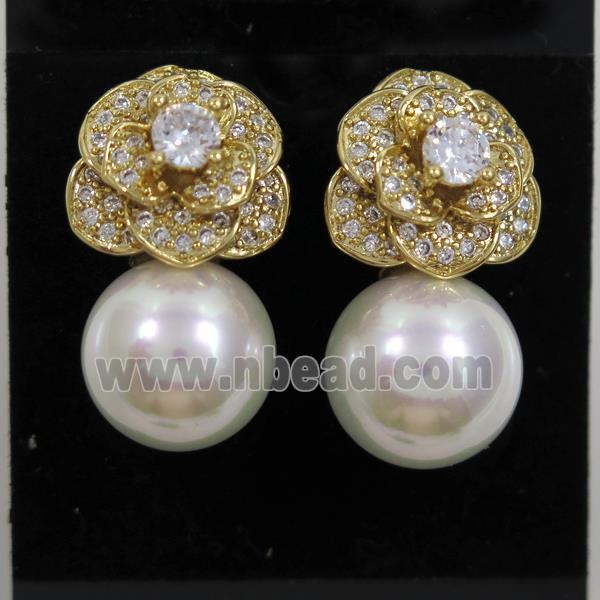 copper flower earring paved zircon with pearl shell, gold plated