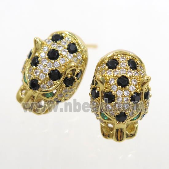 copper leopardhead earring studs paved zircon, gold plated