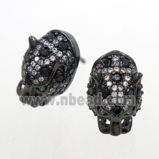 copper leopardhead earring studs paved zircon, black plated