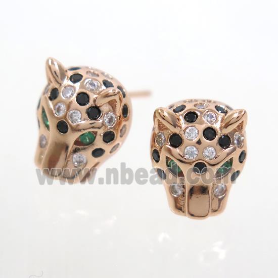 copper leopardhead earring studs paved zircon, rose gold