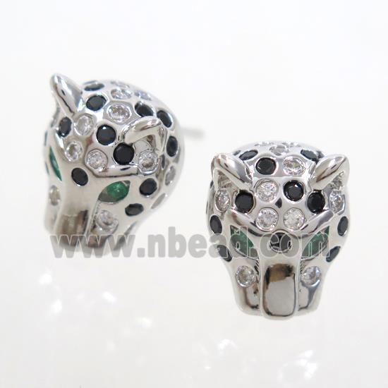 copper leopardhead earring studs paved zircon, platinum plated