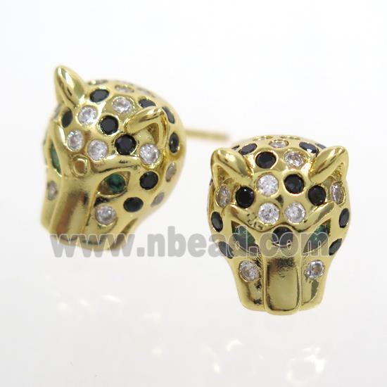 copper leopardhead earring studs paved zircon, gold plated