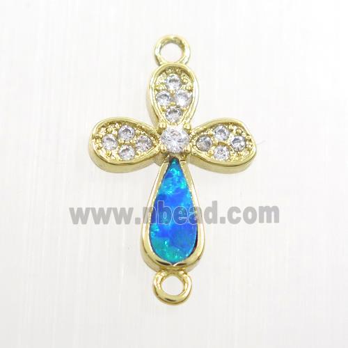 copper cross connector paved zircon with fired opal, gold plated