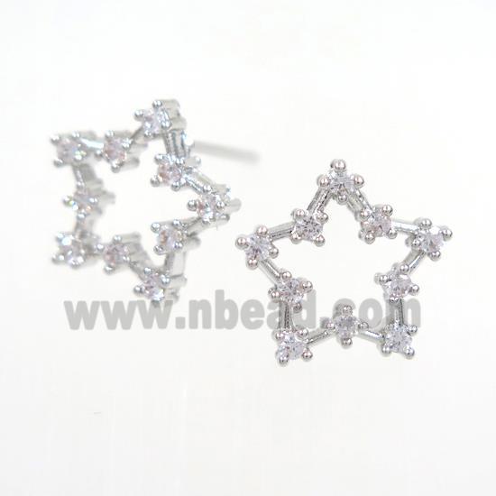 copper star earring paved zircon, platinum plated
