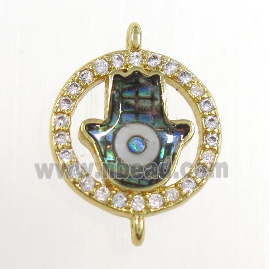 copper hamsahand connector paved zircon with abalone evil eye, gold plated