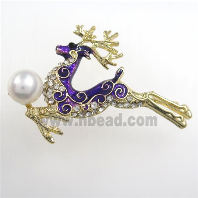 copper christmas Reindeer brooch paved zircon with pearl, gold plated