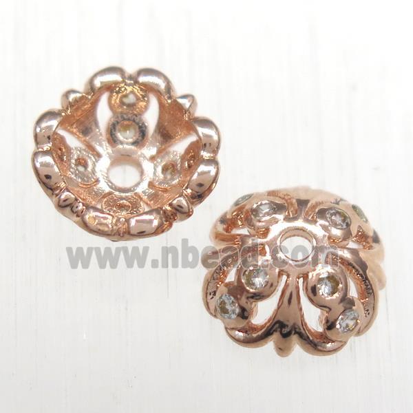 copper beadcaps paved zircon, rose gold
