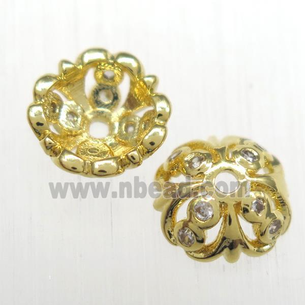 copper beadcaps paved zircon, gold plated