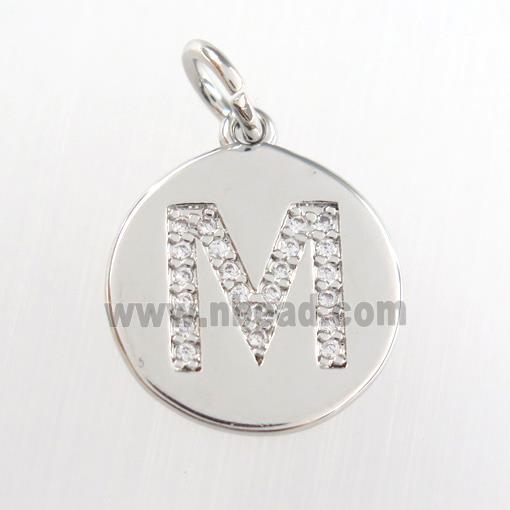 copper pendant paved zircon, letter M, platinum plated