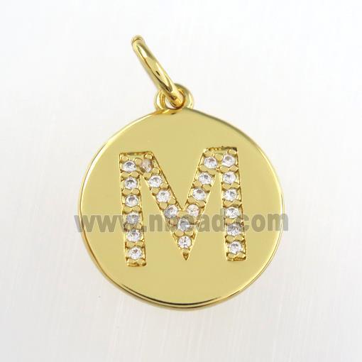 copper pendant paved zircon, letter M, gold plated