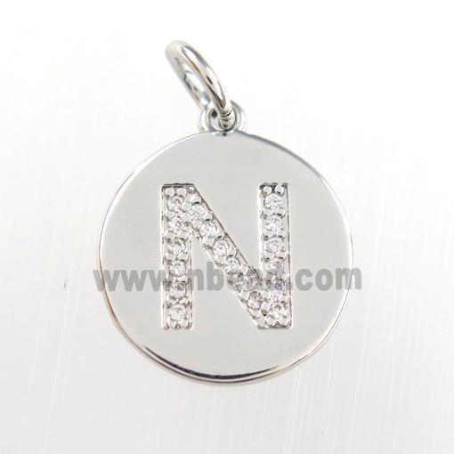 copper pendant paved zircon, letter N, platinum plated