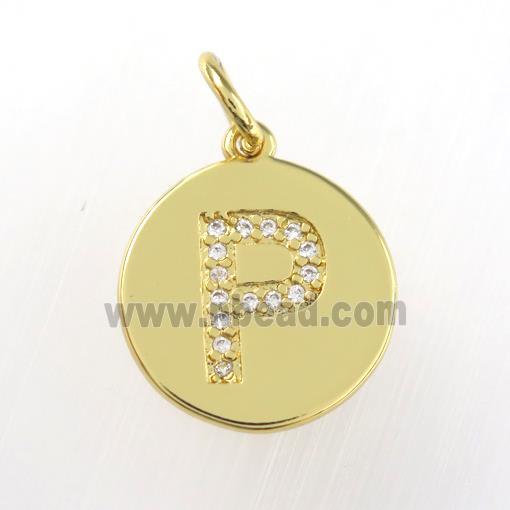 copper pendant paved zircon, letter P, gold plated