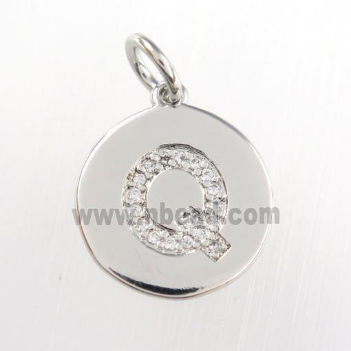 copper pendant paved zircon, letter Q, platinum plated