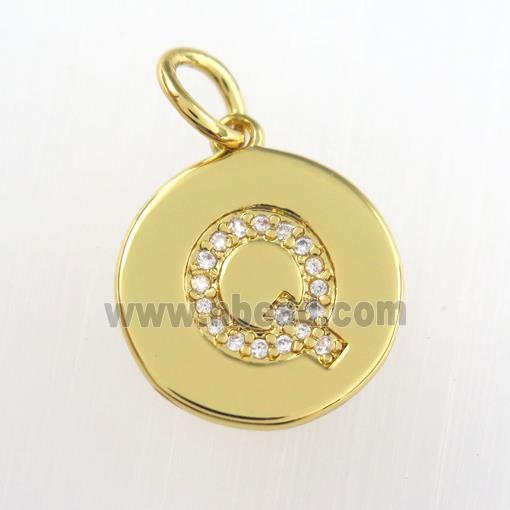 copper pendant paved zircon, letter Q, gold plated