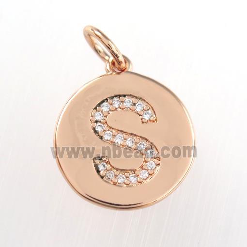 copper pendant paved zircon, letter S, rose gold