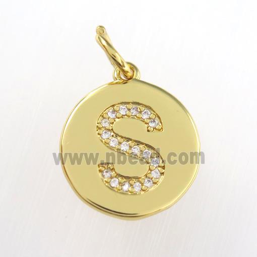 copper pendant paved zircon, letter S, gold plated