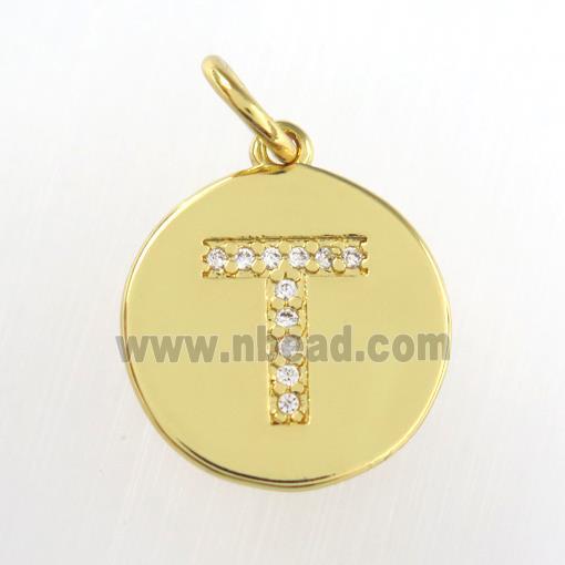 copper pendant paved zircon, letter T, gold plated