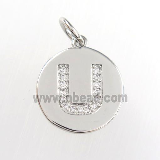copper pendant paved zircon, letter U, platinum plated