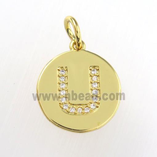copper pendant paved zircon, letter U, gold plated