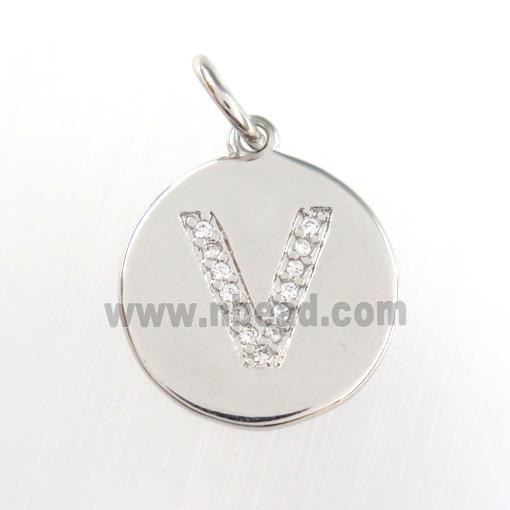 copper pendant paved zircon, letter V, platinum plated