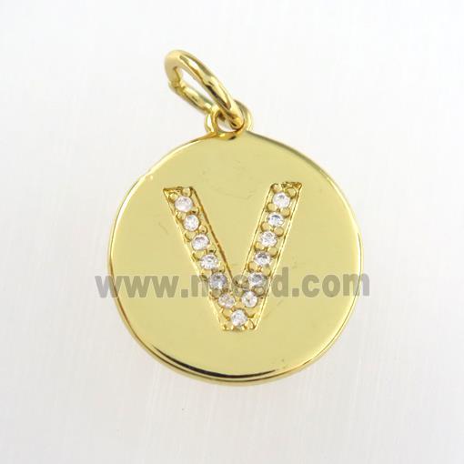 copper pendant paved zircon, letter V, gold plated