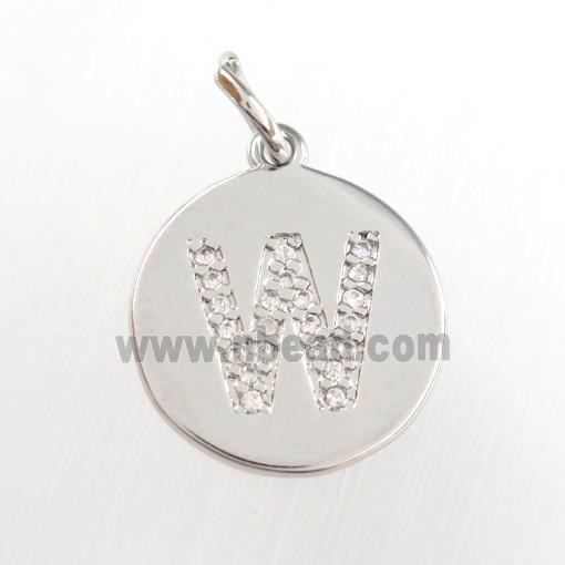 copper pendant paved zircon, letter W, platinum plated
