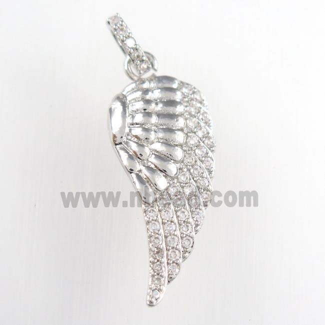copper angel wing pendant paved zircon, platinum plated
