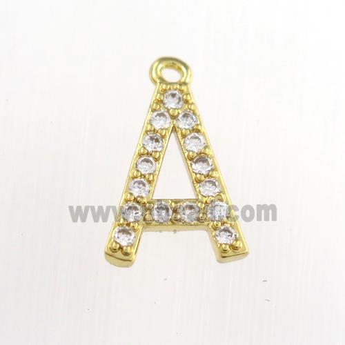 copper pendant paved zircon, letter A, gold plated