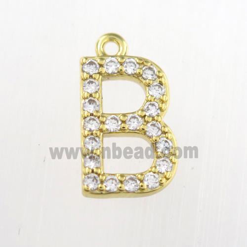 copper pendant paved zircon, letter B, gold plated