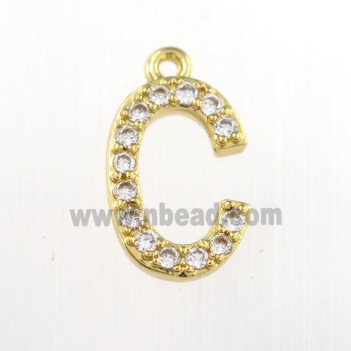 copper pendant paved zircon, letter C, gold plated