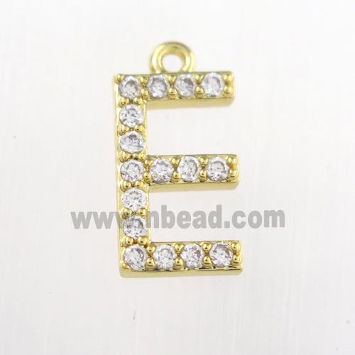 copper pendant paved zircon, letter E, gold plated