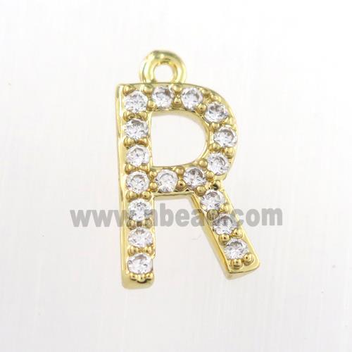 copper pendant paved zircon, letter R, gold plated