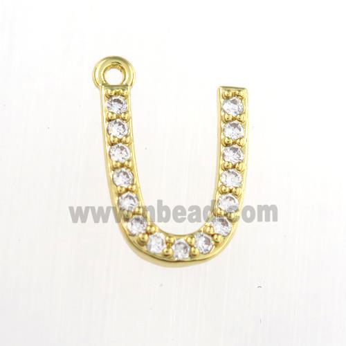 copper pendant paved zircon, letter U, gold plated