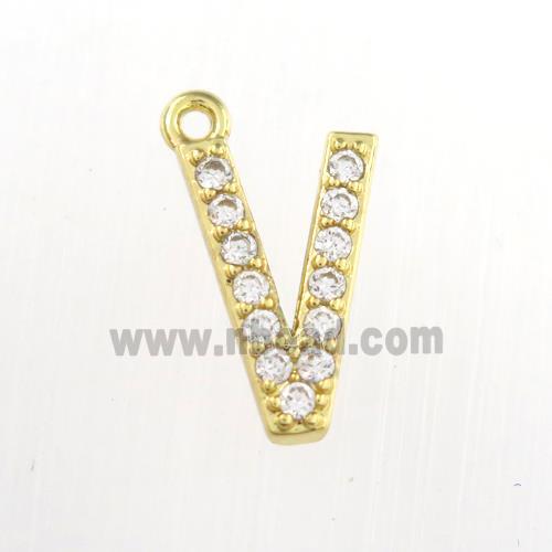copper pendant paved zircon, letter V, gold plated