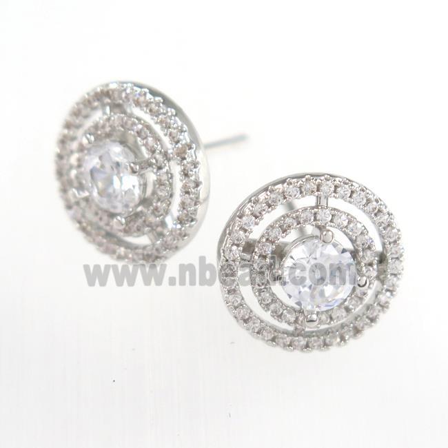 copper earring studs paved zircon, platinum plated