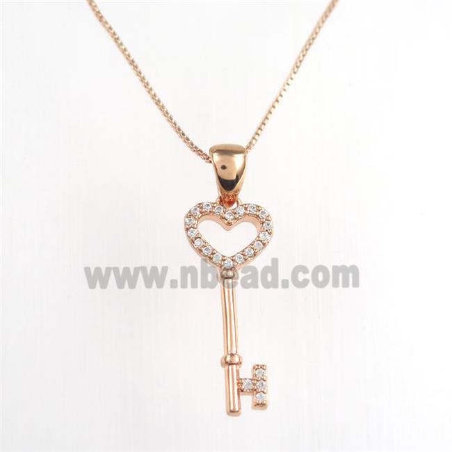 copper necklace paved zircon, key, rose gold