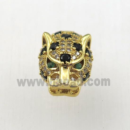 copper leopardhead beads paved zircon, gold plated