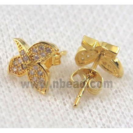copper butterfly earring paved zircon, gold plated