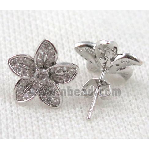copper flower earring paved zircon, platinum plated