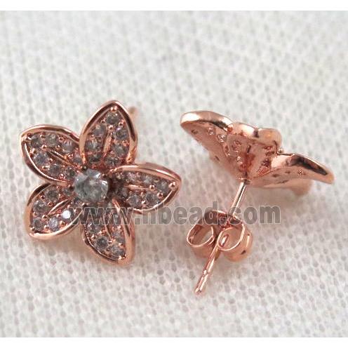 copper flower earring paved zircon, rose gold