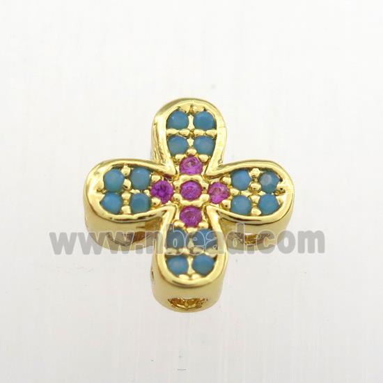 copper cross beads paved zircon, turq, gold plated