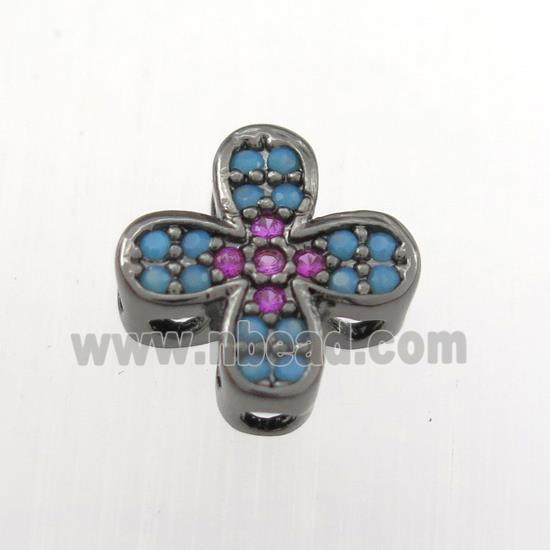copper cross beads paved zircon, turq, black plated