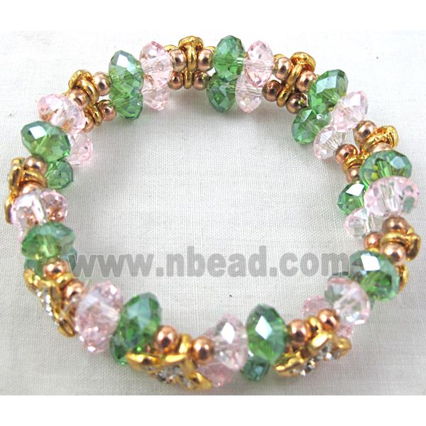 Chinese Crystal Glass Bracelet, rhinestone, stretchy, pink, green