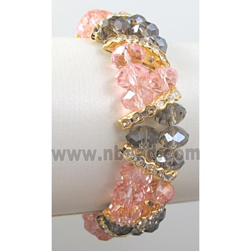 Chinese Crystal Glass Bracelet, rhinestone, stretchy, pink, smoky
