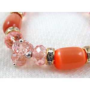 stretchy Bracelet with Chinese crystal beads, rhinestone, cat eye beads, red